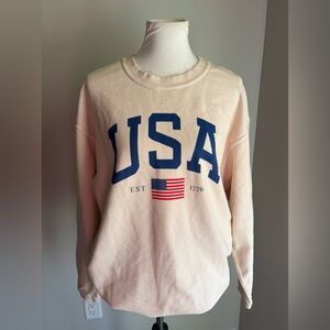 Oat Collective USA Flag 100% Cotton Ribbed Relaxed Crewneck Cream/Ivory Size M